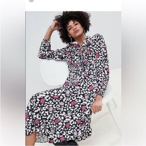 Lili & Lionel Black Floral Midi Shirt Dress with Pink Accents